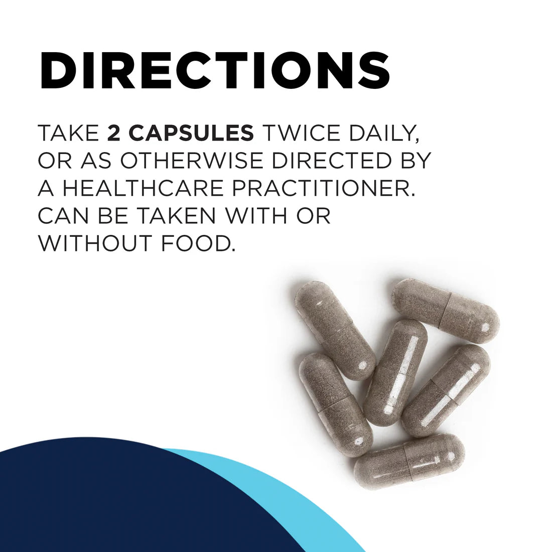 Text instructions for taking capsules, recommending two capsules twice daily, with or without food. Image shows seven gray capsules against a white background, with dark blue and light blue curves at the bottom.