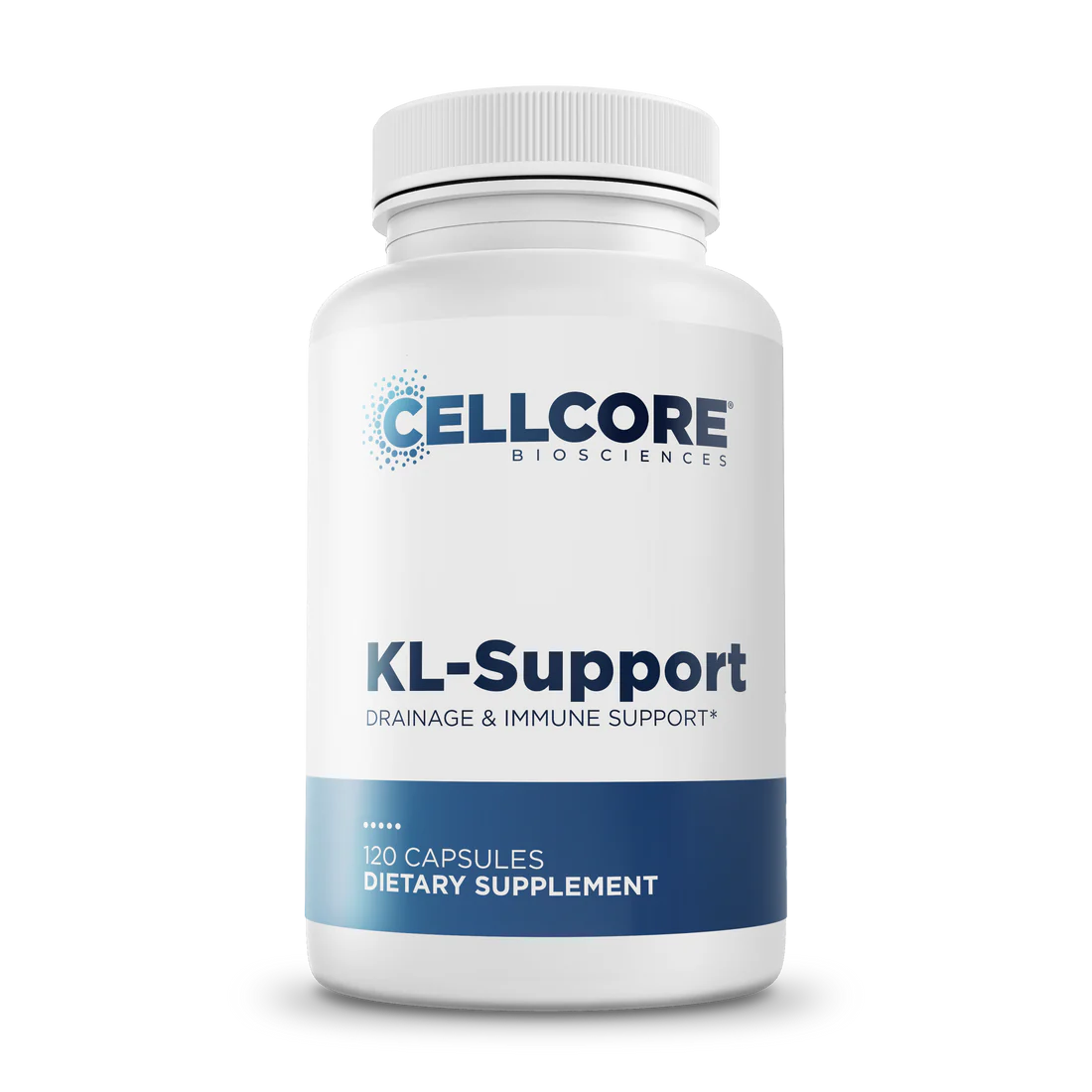 A white bottle of CellCore Biosciences KL-Support supplements with blue accents. Text reads "Drainage & Immune Support, 120 capsules, Dietary Supplement."