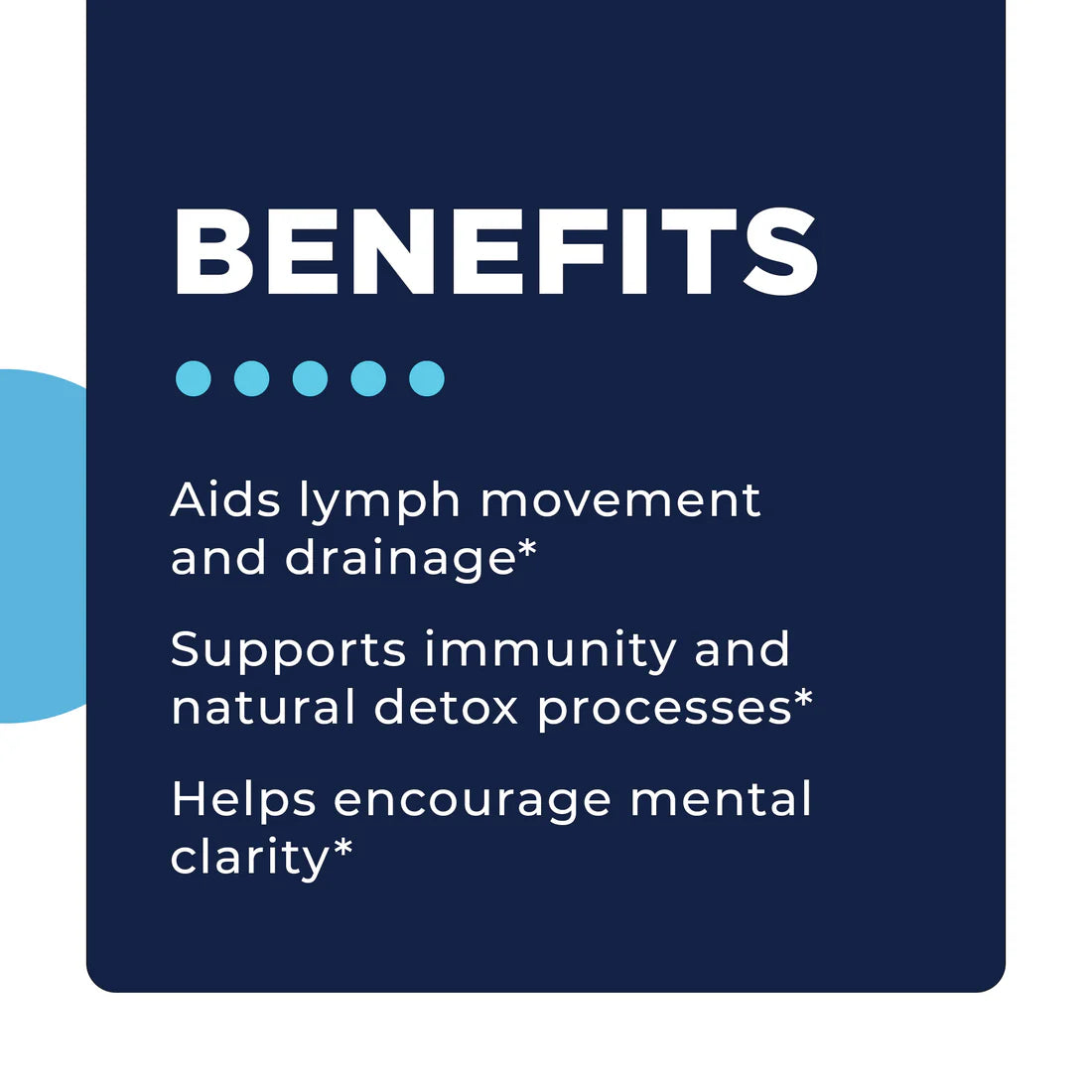A dark blue background with the word 'Benefits' in bold white letters above three light blue dots. Text lists benefits.