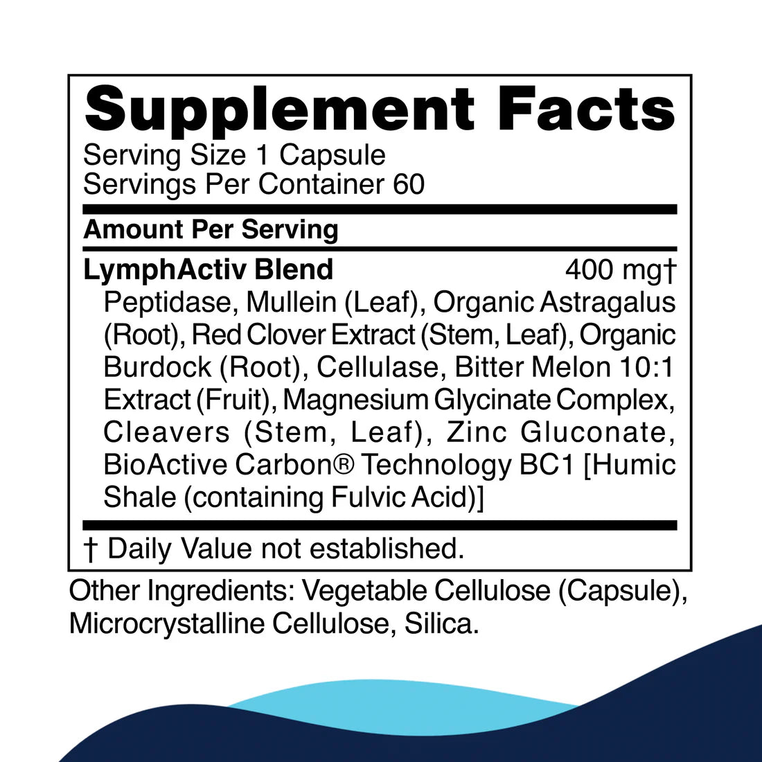 Supplement Facts label for a dietary product, featuring a LymphActiv Blend with 650 mg of various extracts like broccoli sprout and olive leaf.