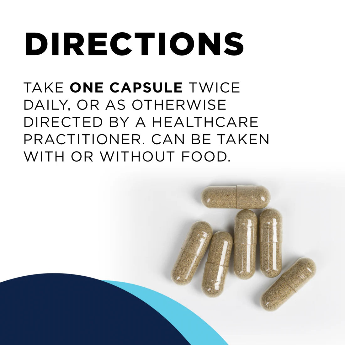 Instructions for capsule intake alongside an image of seven beige capsules on a white background, suggesting versatility in consumption with or without food.