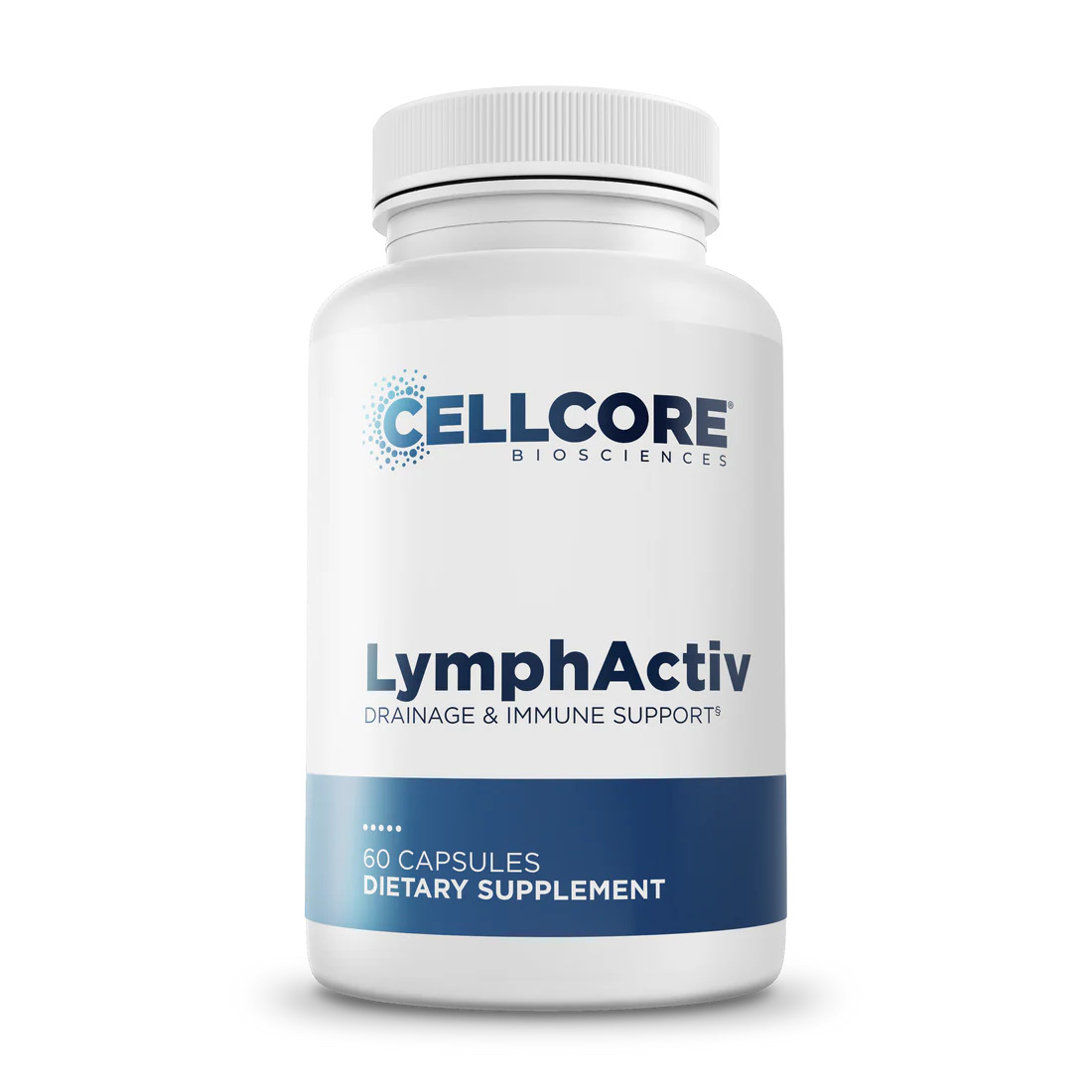A white bottle labeled "CellCore Biosciences LymphActiv" with blue text, promoting drainage and immune support. Contains 60 capsules dietary supplement.