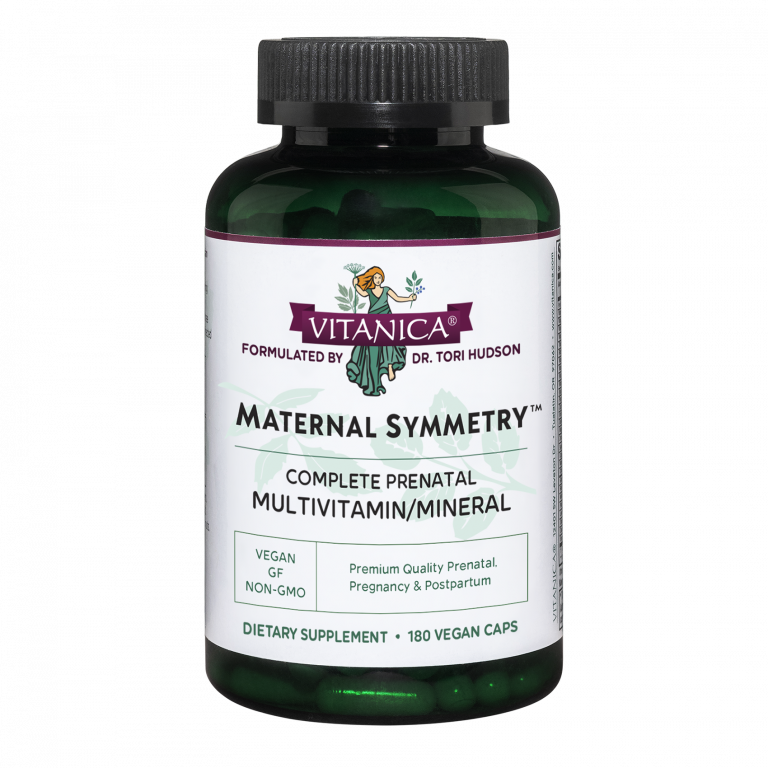 Vitanica Maternal Symmetry prenatal multivitamin bottle on a white background