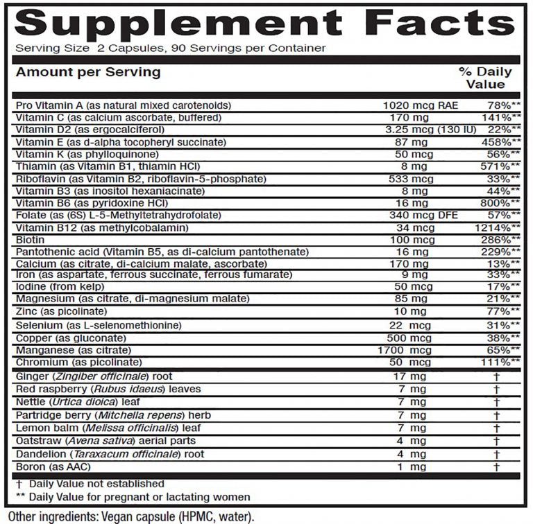 Supplement facts label with detailed nutritional information on a black background
