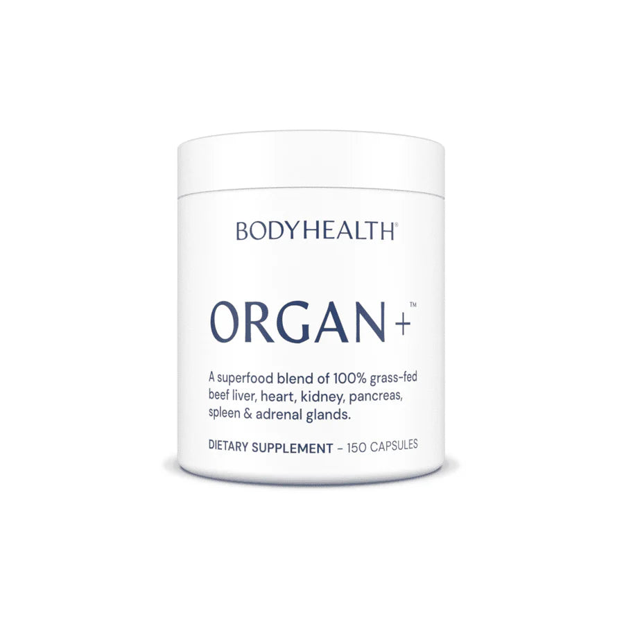 Dietary supplement container labeled 'ORGAN+' on a white background