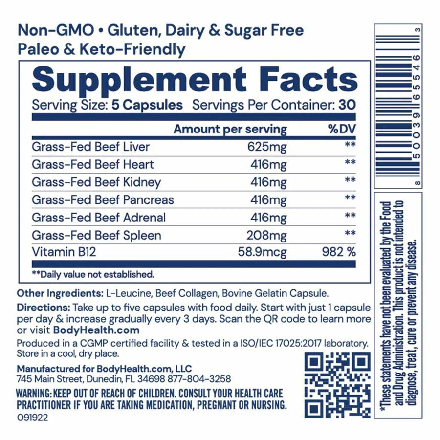 Supplement label with detailed nutritional information and branding details.