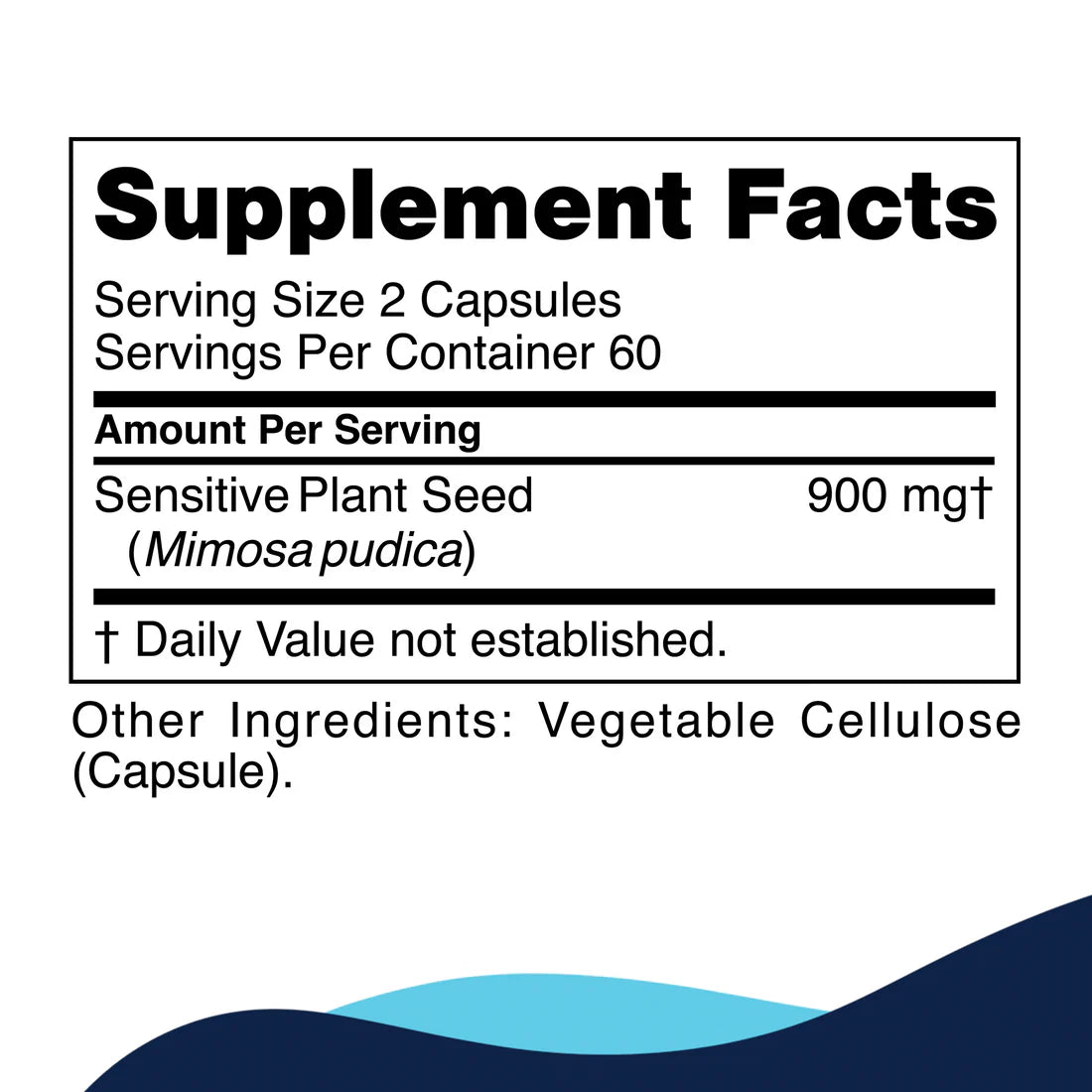 Supplement facts label for a dietary product. Serving size: 2 capsules, 60 servings total. Contains 900 mg of Mimosa pudica seed. Vegetable cellulose capsules.