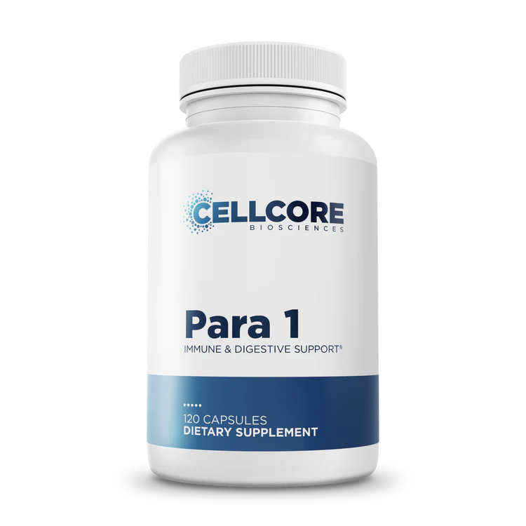 White bottle of CellCore Para 1 supplement with blue branding. Labeled for immune and digestive support, containing 120 capsules. Clean and professional design.