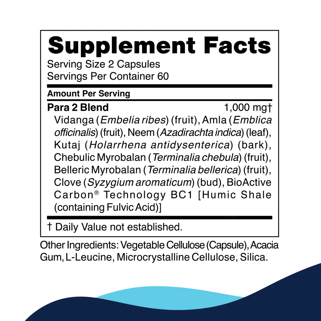 Supplement facts label for a dietary supplement. Serving size is 2 capsules, 60 servings per container. Ingredients include various fruits, bark, and seeds like Amla, Neem, Kutaj, and more, with BioActive Carbon™ Technology.