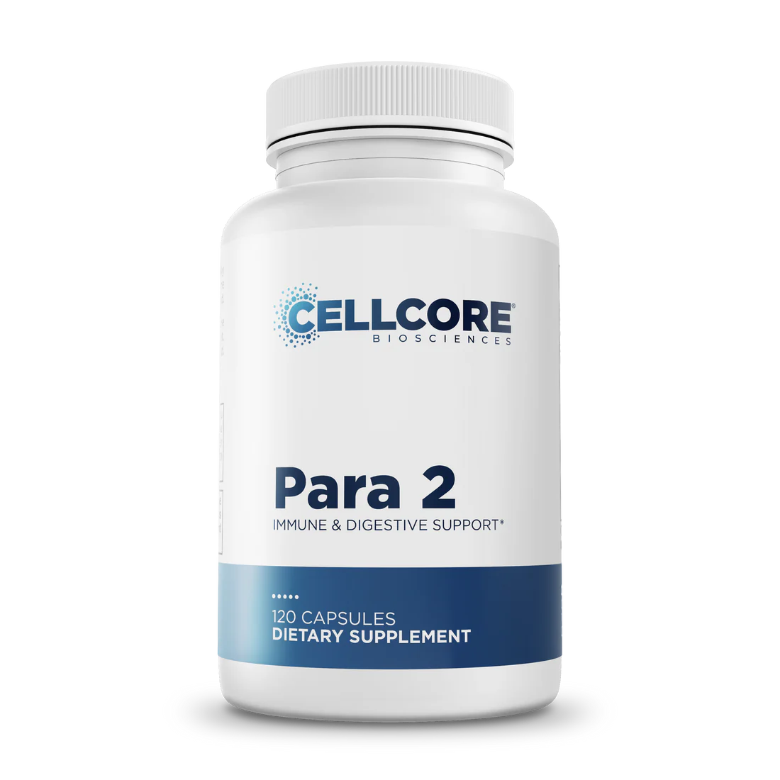 A white bottle labeled "CellCore Para 2" for immune and digestive support. Contains 120 capsules. Minimalist design with blue accents.