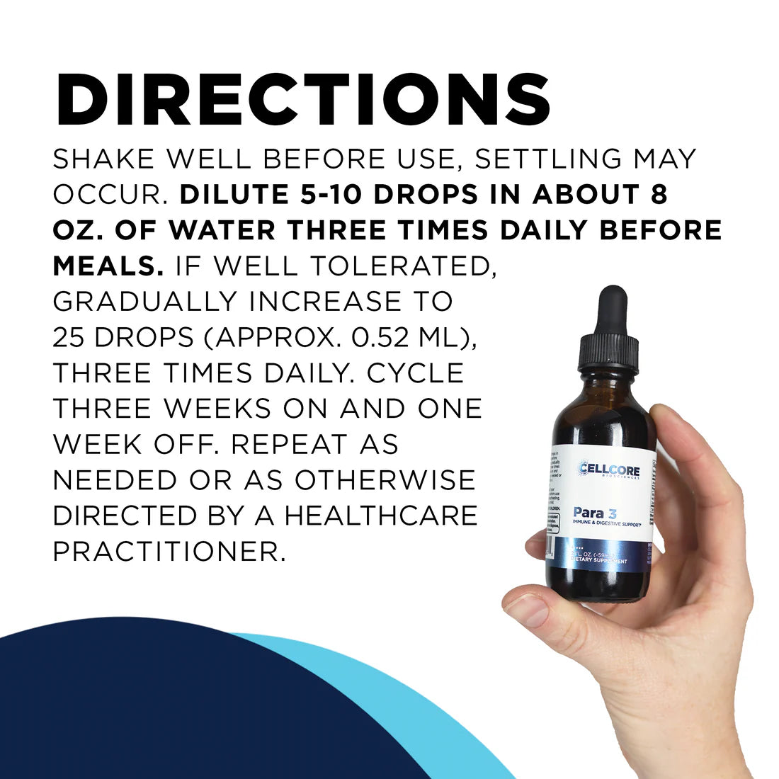 A hand holds a dropper bottle labeled "Para 3," with usage instructions above. Text advises diluting drops in water, increasing gradually, and cycling use.