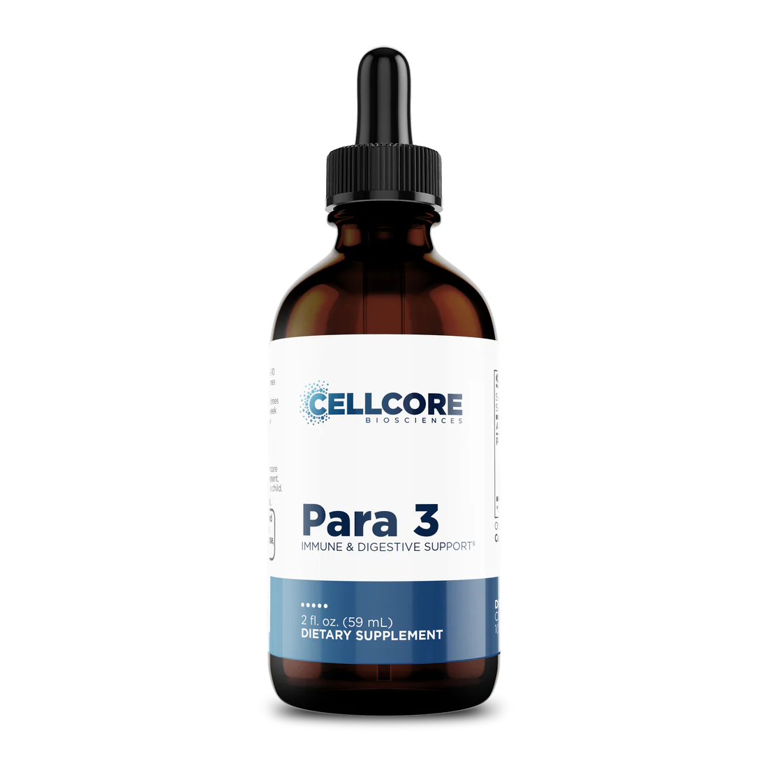 Brown glass dropper bottle of CellCore Para 3 supplement. Blue and white label reads "Immune & Digestive Support, 2 fl. oz. (59 mL), Dietary Supplement."
