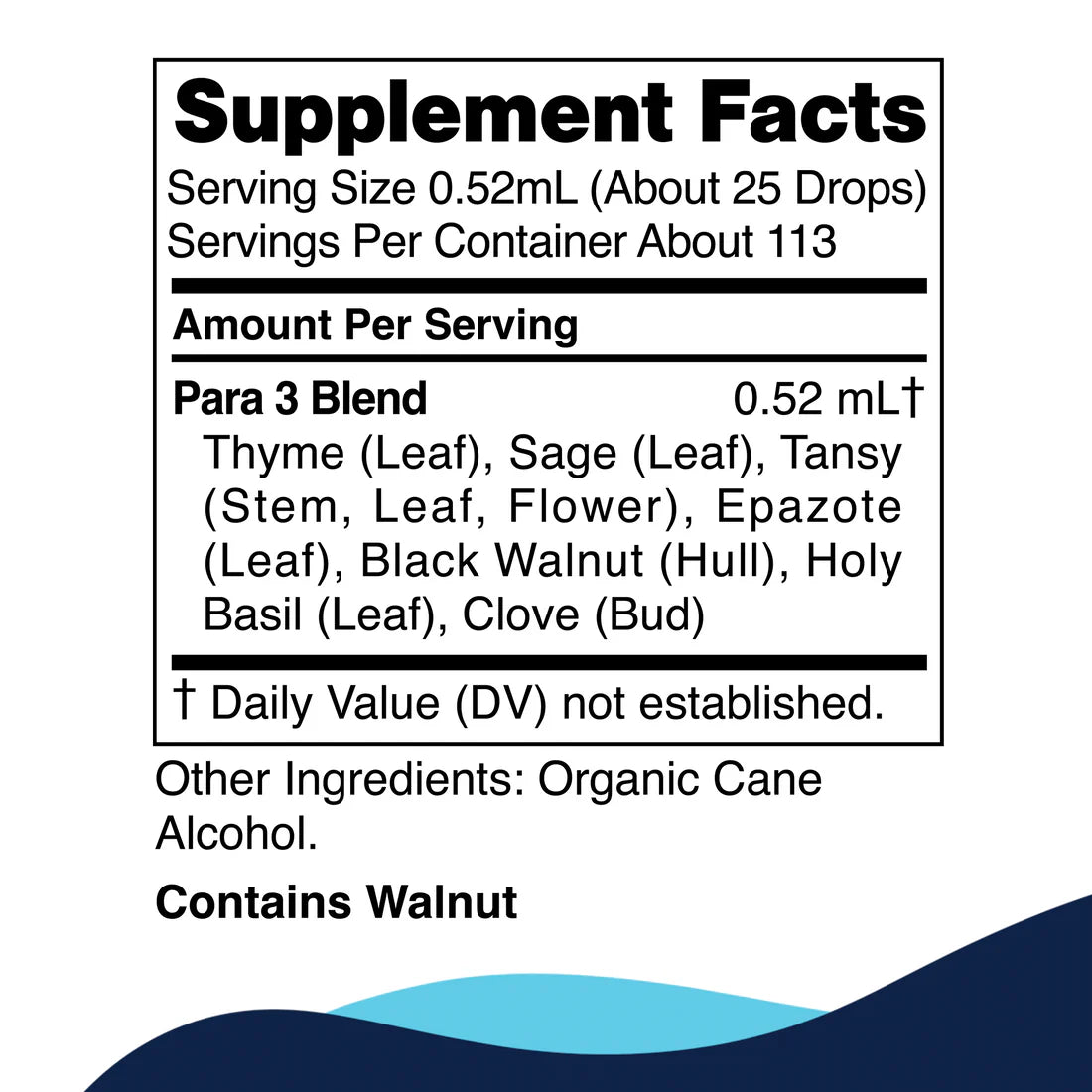 Supplement facts label displaying a blend with thyme, sage, tansy, epazote, black walnut, holy basil, and clove. Contains walnut.