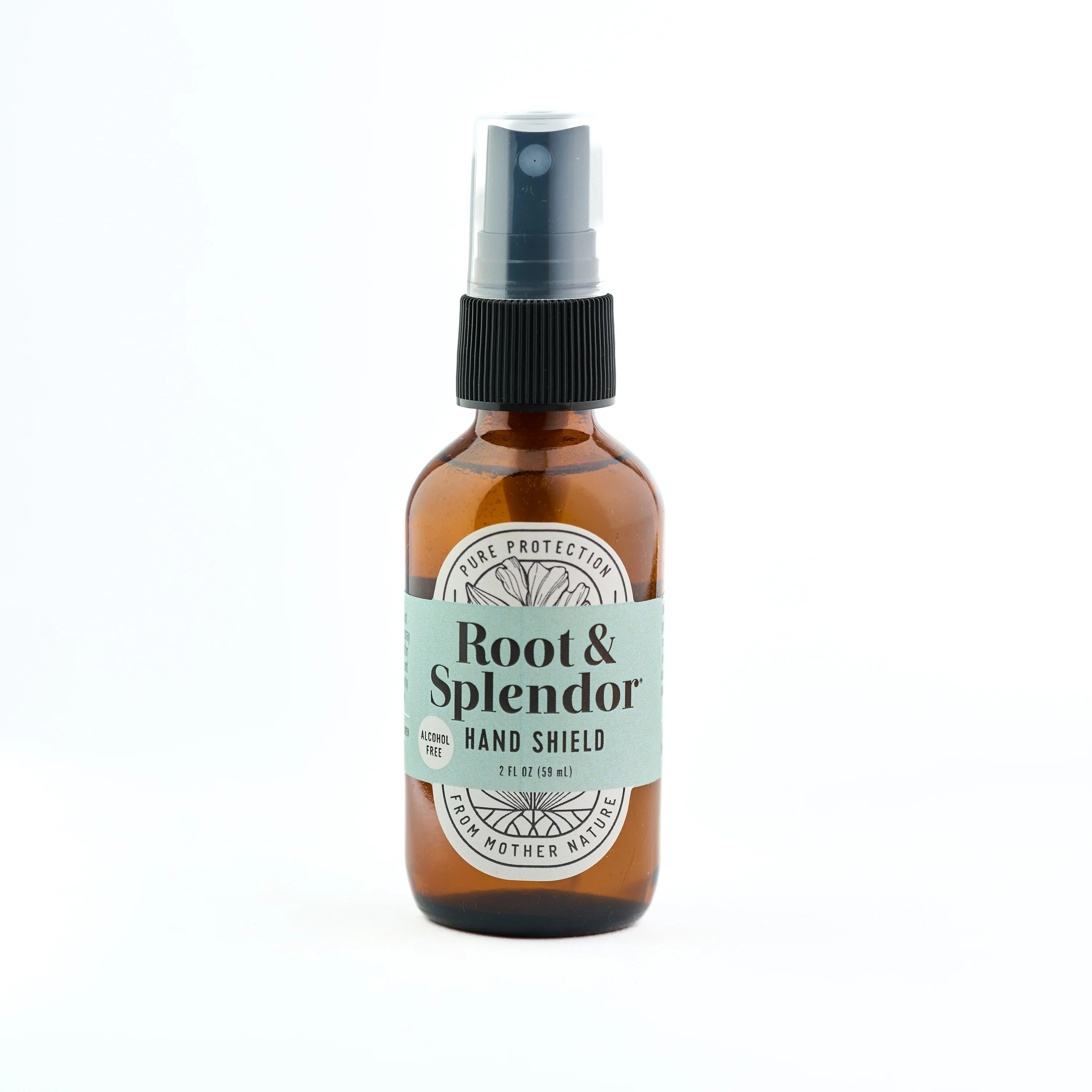 Brown spray bottle labeled 'Root & Splendor Hand Shield' on a white background