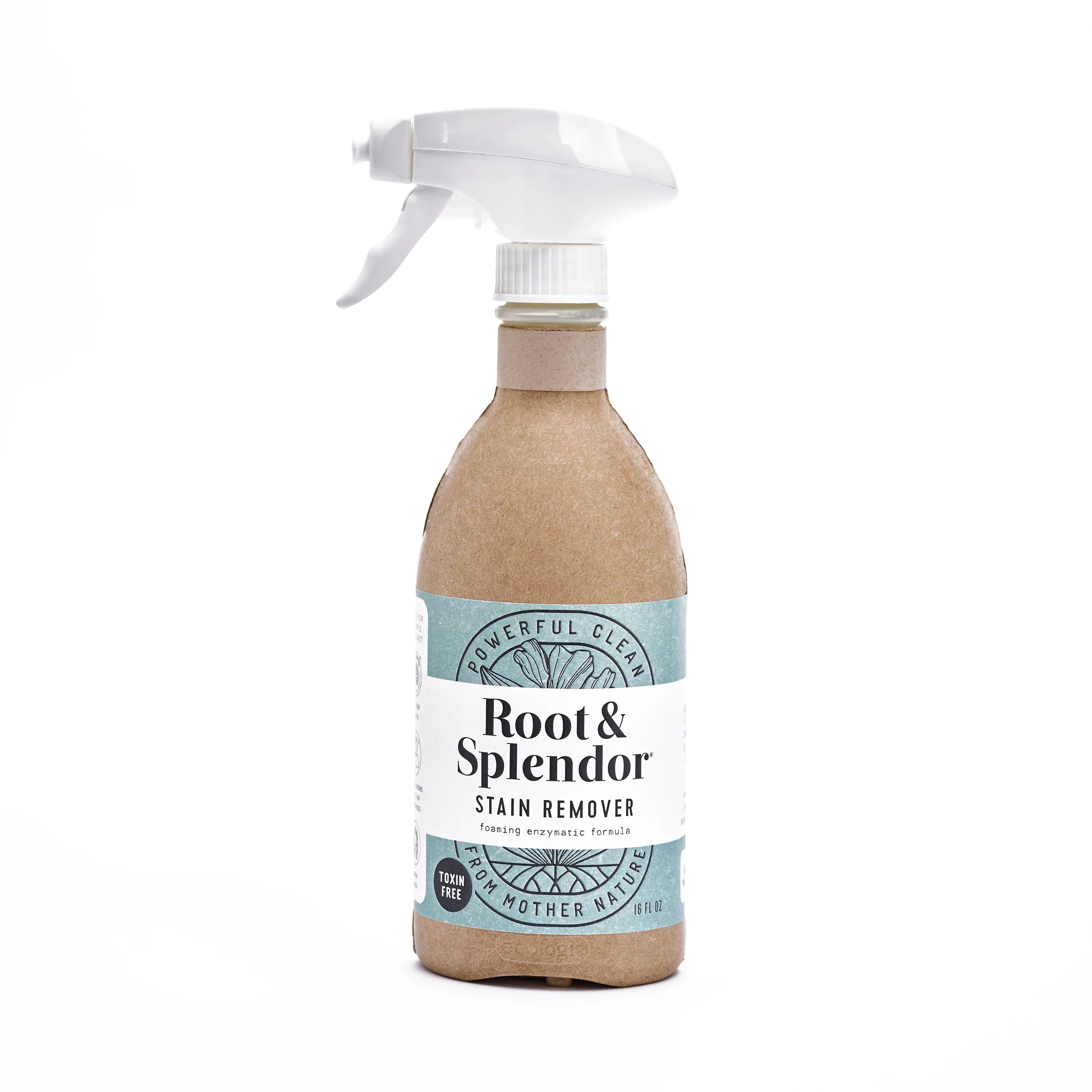 A beige bottle with a white spray nozzle labeled 'Root & Splendor Stain Remover' on a plain background.