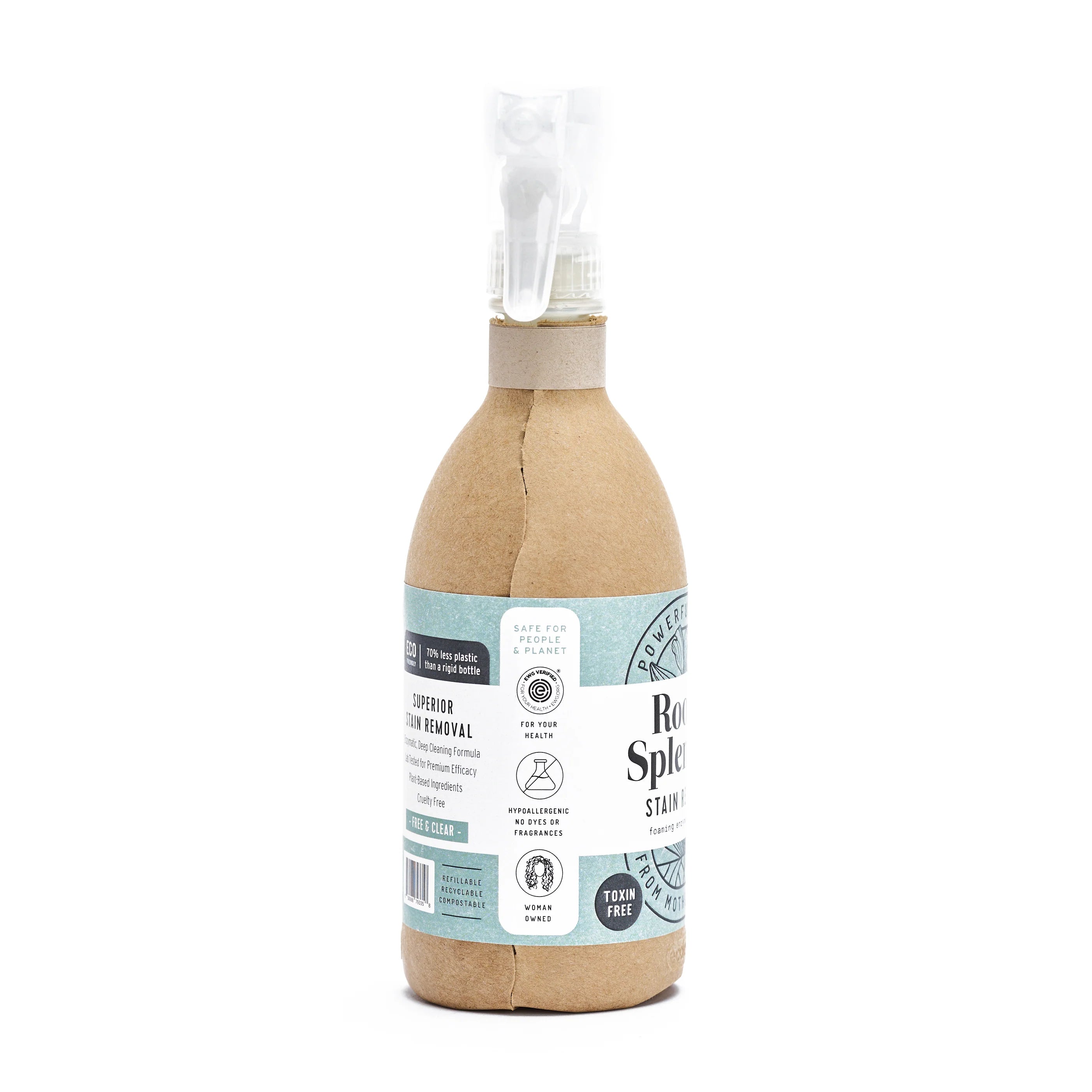 A spray bottle with a brown paper wrapping and a white label showcasing eco-friendly symbols. The bottle has a vintage design, conveying sustainability.