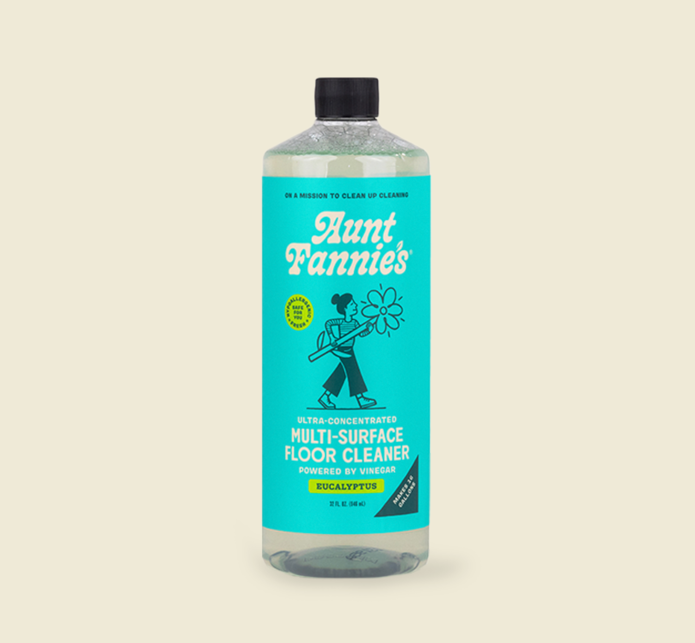 A bottle of Aunt Fannie's vinegar floor cleaner in eucalyptus scent, with a label featuring a cartoon character and eucalyptus leaves against a light background.