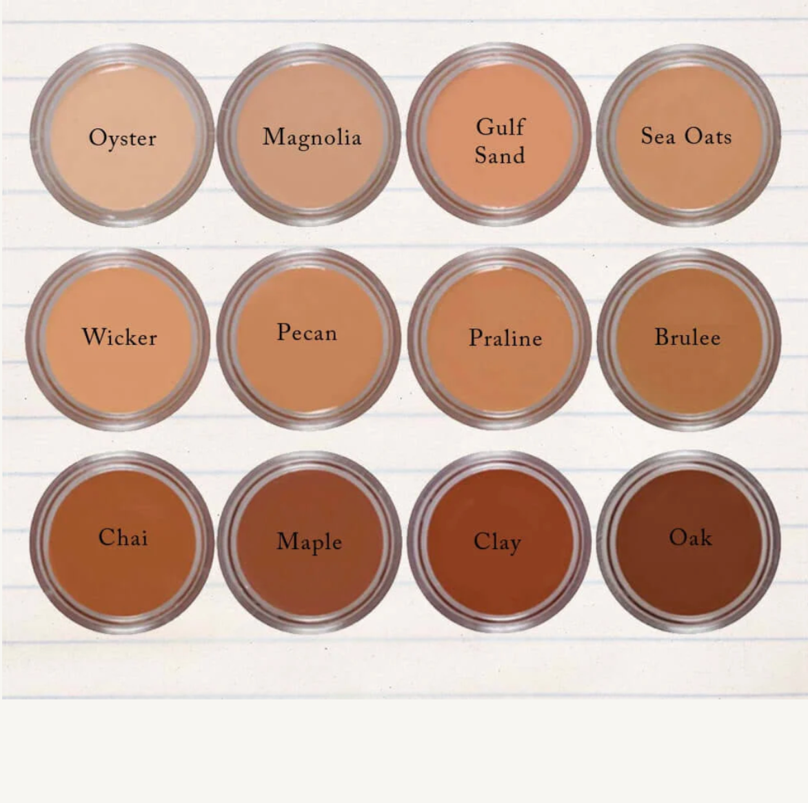 Set of color swatches labeled with names on a white background