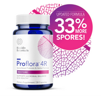 Supplement bottle labeled 'Proflora 4R' with promotional text on a white background