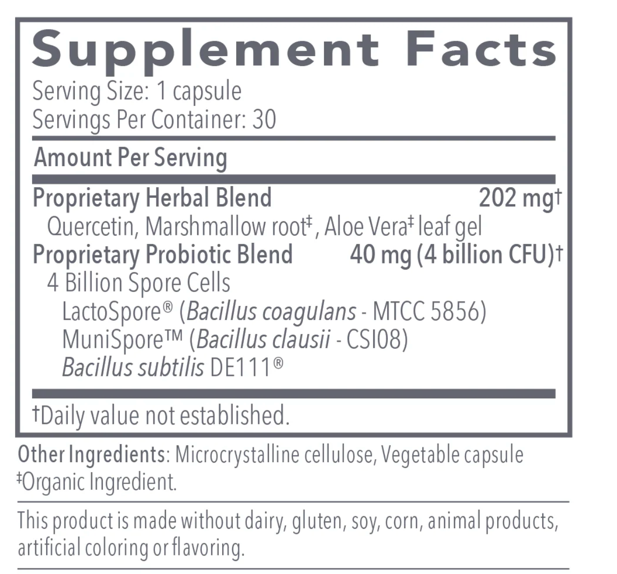 Supplement facts label with herbal and probiotic blends on a white background