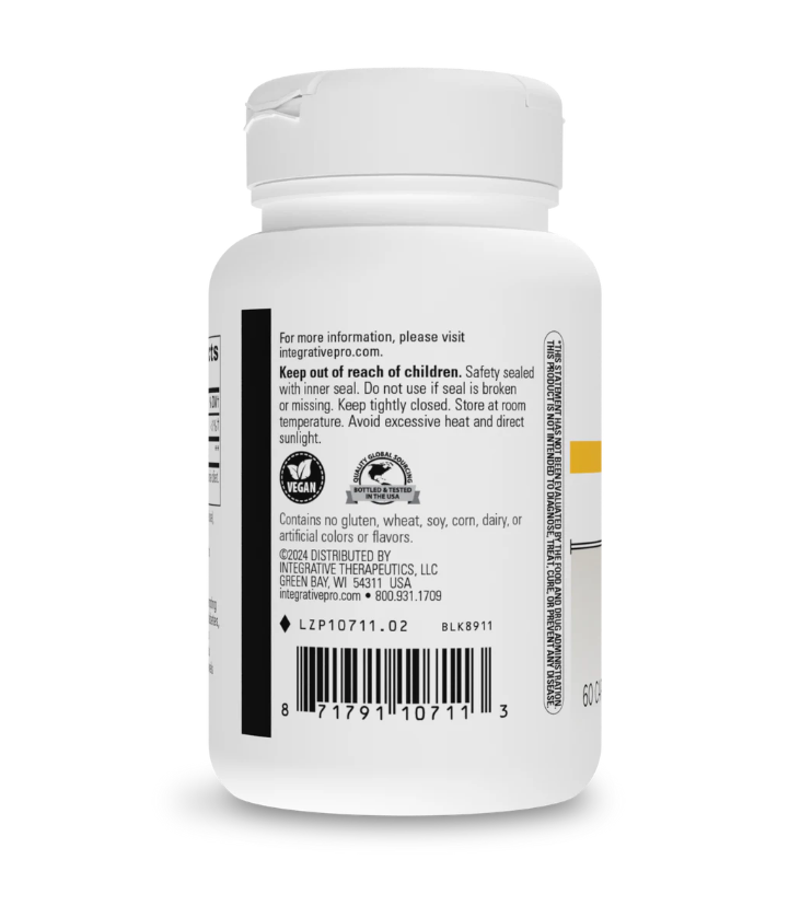 Back label of a supplement bottle on a white background