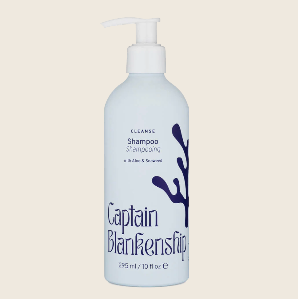 Shampoo bottle labeled 'Captain Blankenship' on a beige background