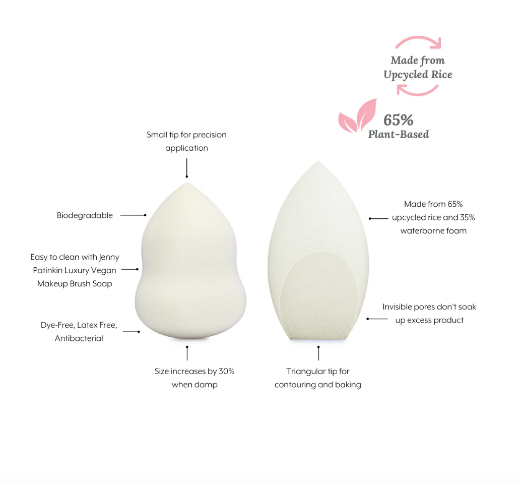 Two makeup sponges with text highlighting their features on a white background