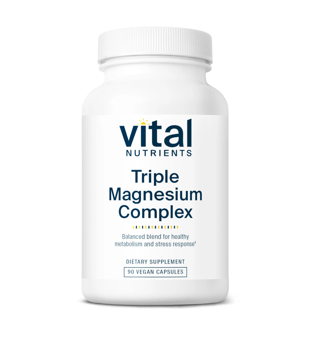 Supplement bottle labeled 'Triple Magnesium Complex' by Vital Nutrients on a white background