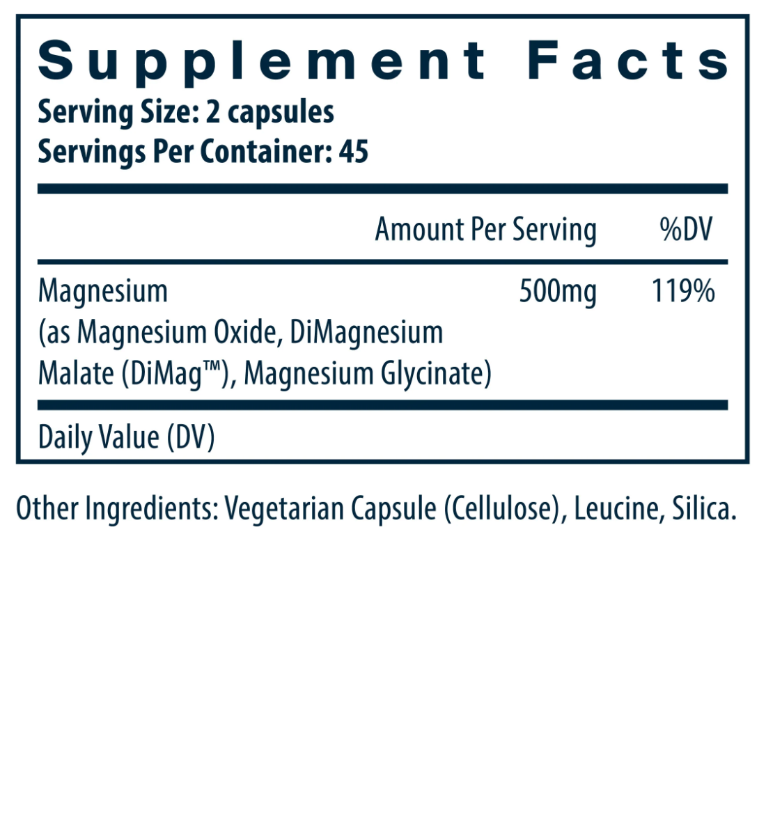 Supplement facts label with magnesium content on a white background