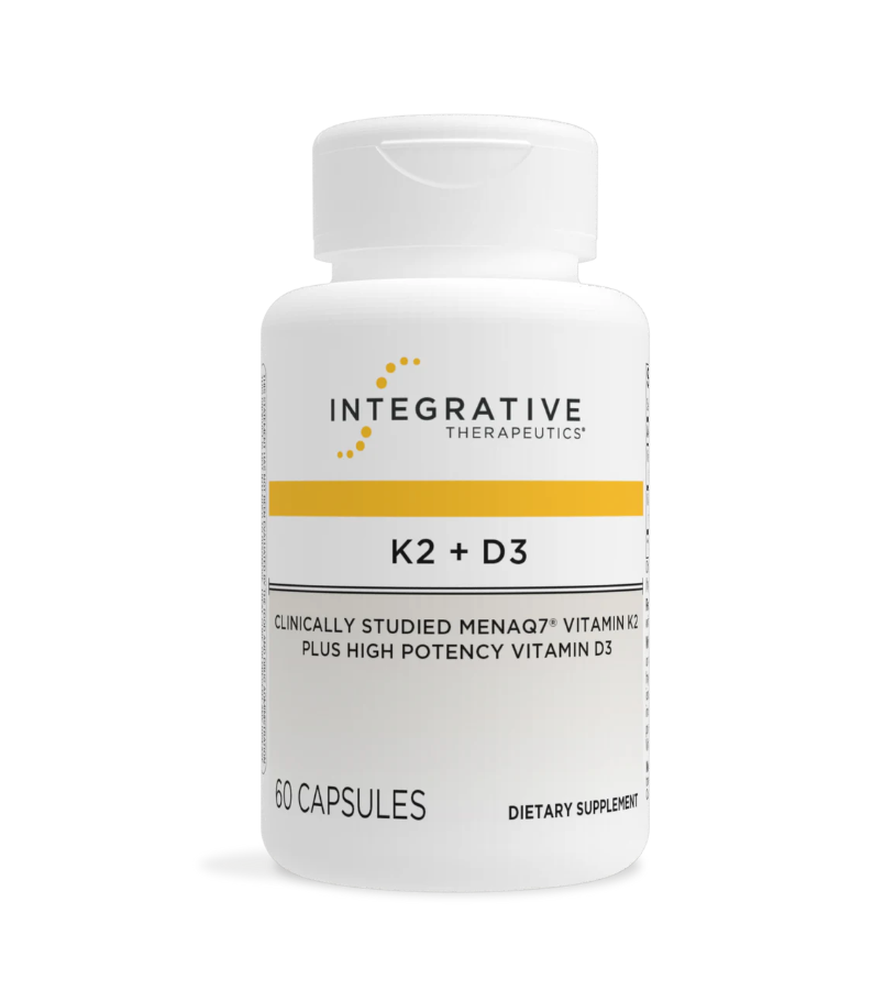 Supplement bottle labeled 'Integrative Therapeutics K2 + D3' on a white background
