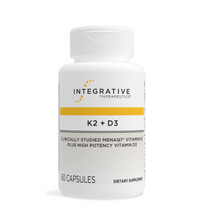 Supplement bottle labeled 'Integrative Therapeutics K2 + D3' on a white background