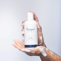 Hand holding a bottle of Toups & Co. Citrus Body Wash with soap suds on a light gray background
