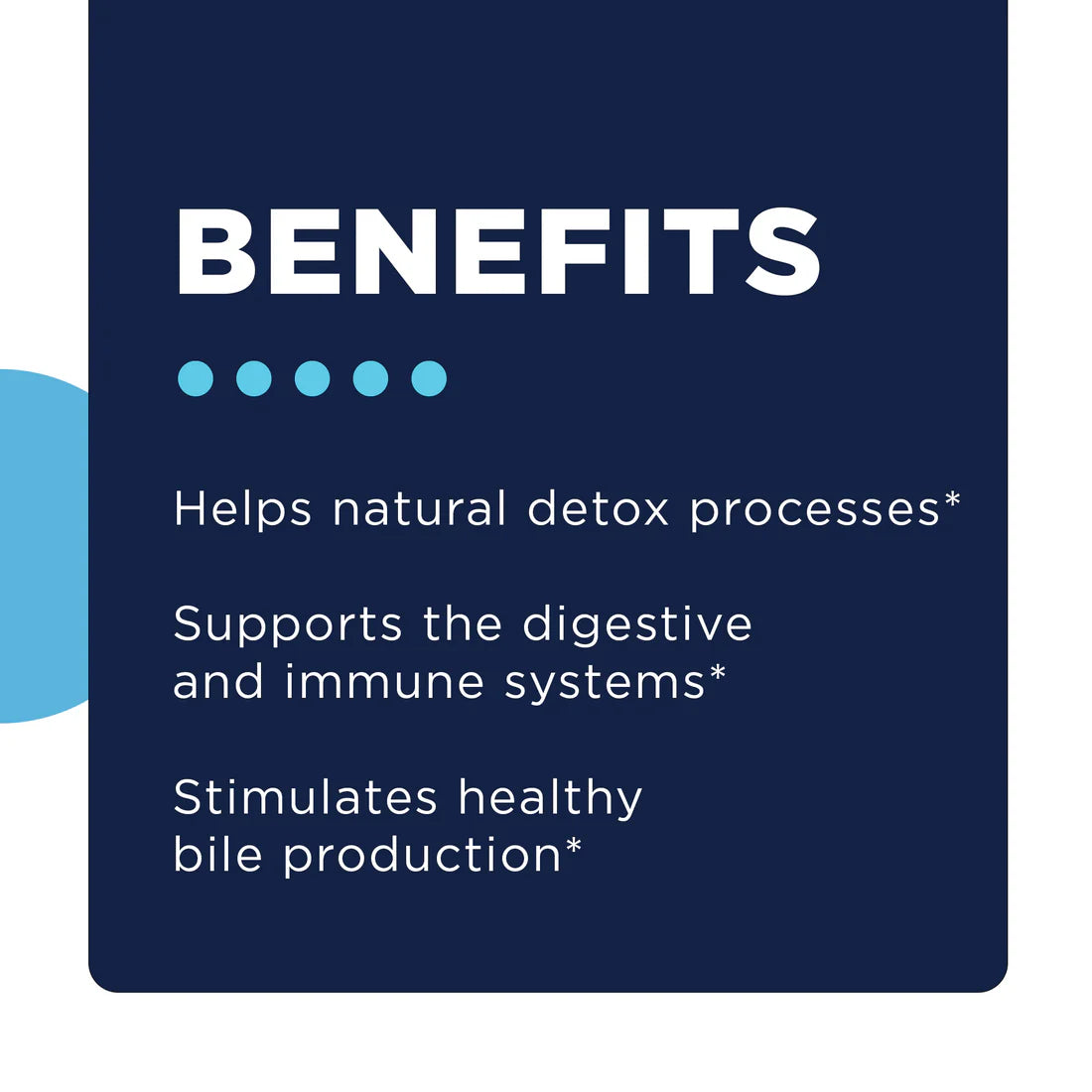 Navy blue background with white text highlights benefits: natural detox processes, digestive and immune support, and bile production stimulation.