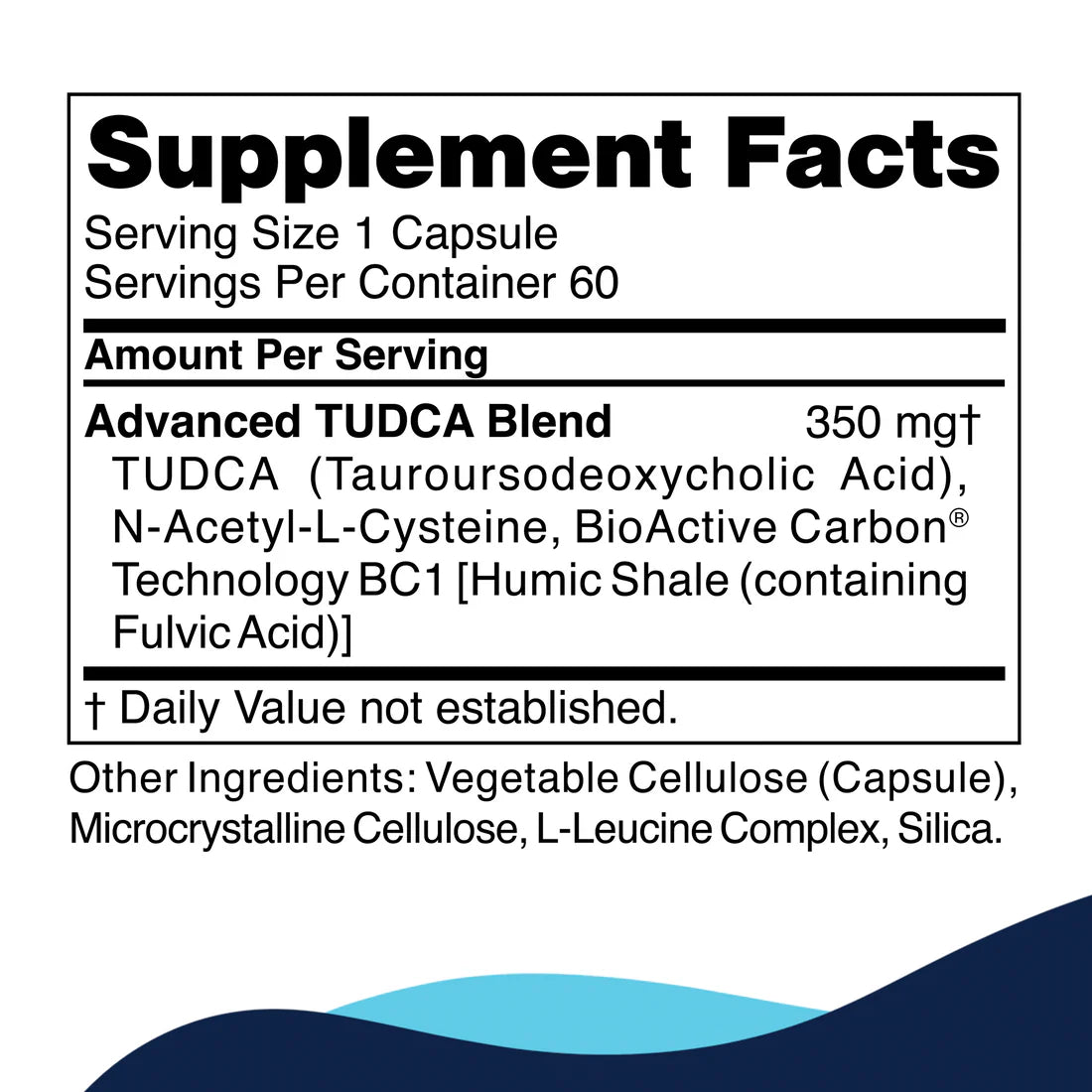 Supplement facts label for a dietary capsule. It highlights an Advanced TUDCA Blend with key ingredients including TUDCA and BioActive Carbon. The serving size is one capsule, with 60 capsules per container.