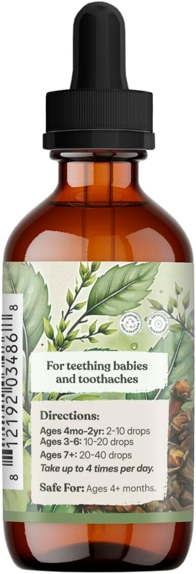 Bottle of teething drops with dropper and label on a white background