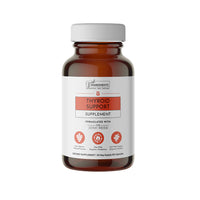 A bottle of Thyroid Support supplement with a white label, red and black text, and an image of a cherry on the front.