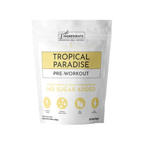 A package of Just Ingredients Tropical Paradise Pre-Workout, a nutrition drink with no added sugar, featuring pineapple and coconut flavors.