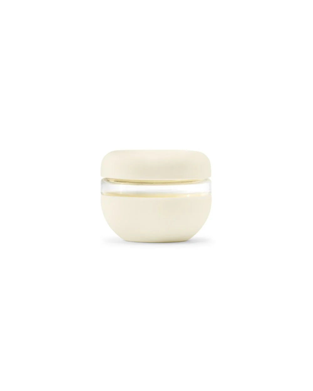 A white glass bowl with a screw-top lid, against a plain background.