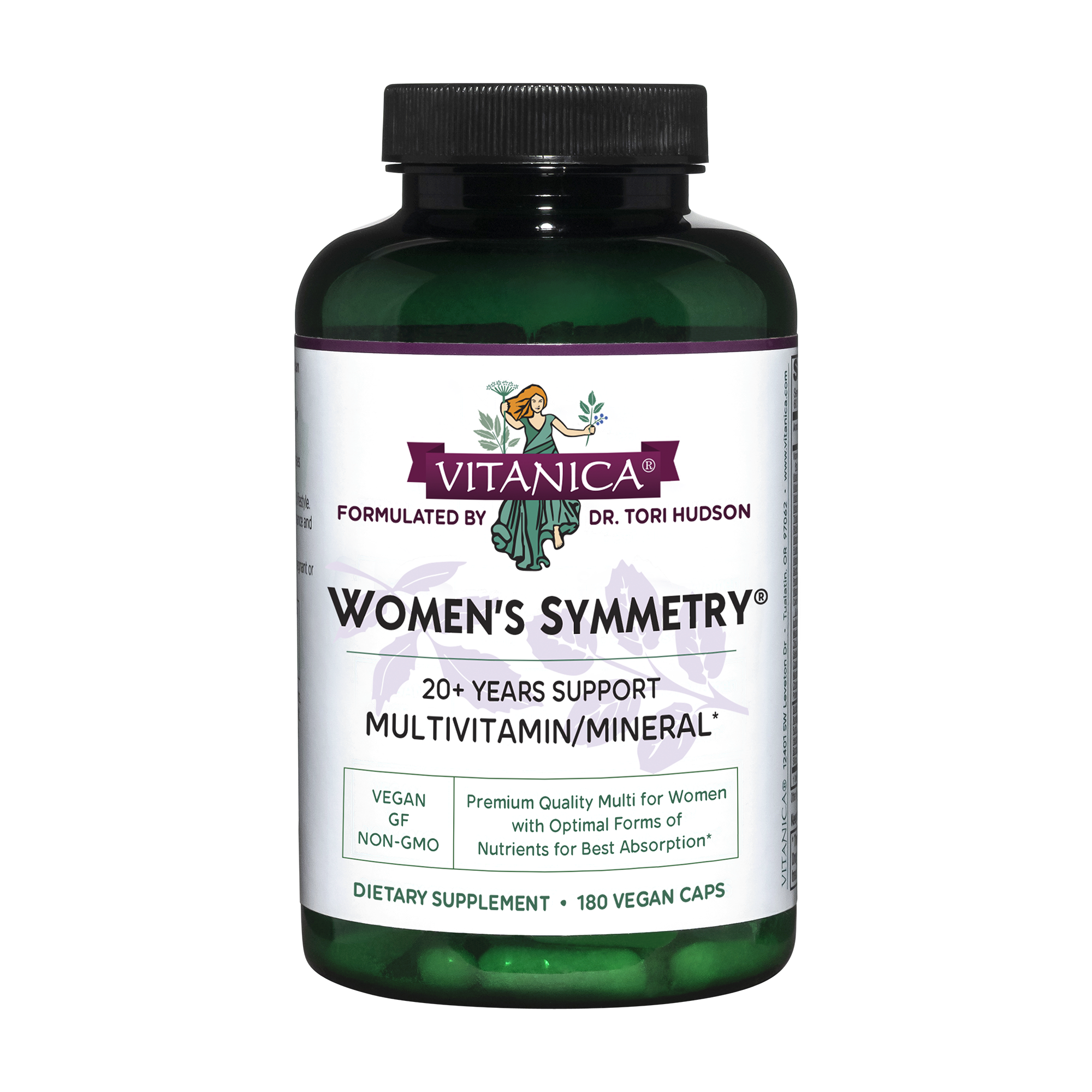 Vitanica Women's Symmetry multivitamin/mineral supplement bottle on a white background