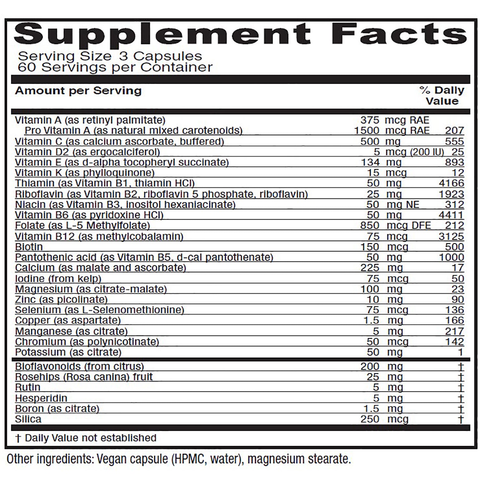 Supplement facts label with detailed nutritional information