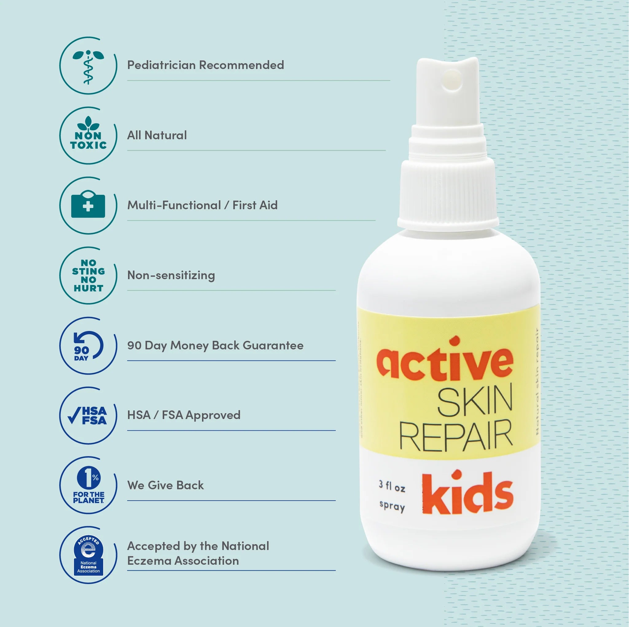 Bottle of active skin repair kids spray with features listed on a light blue background