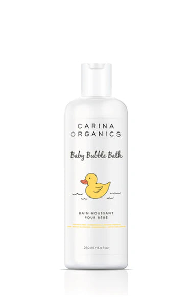 Carina Organics baby bubble bath bottle with a yellow duck illustration on a white background