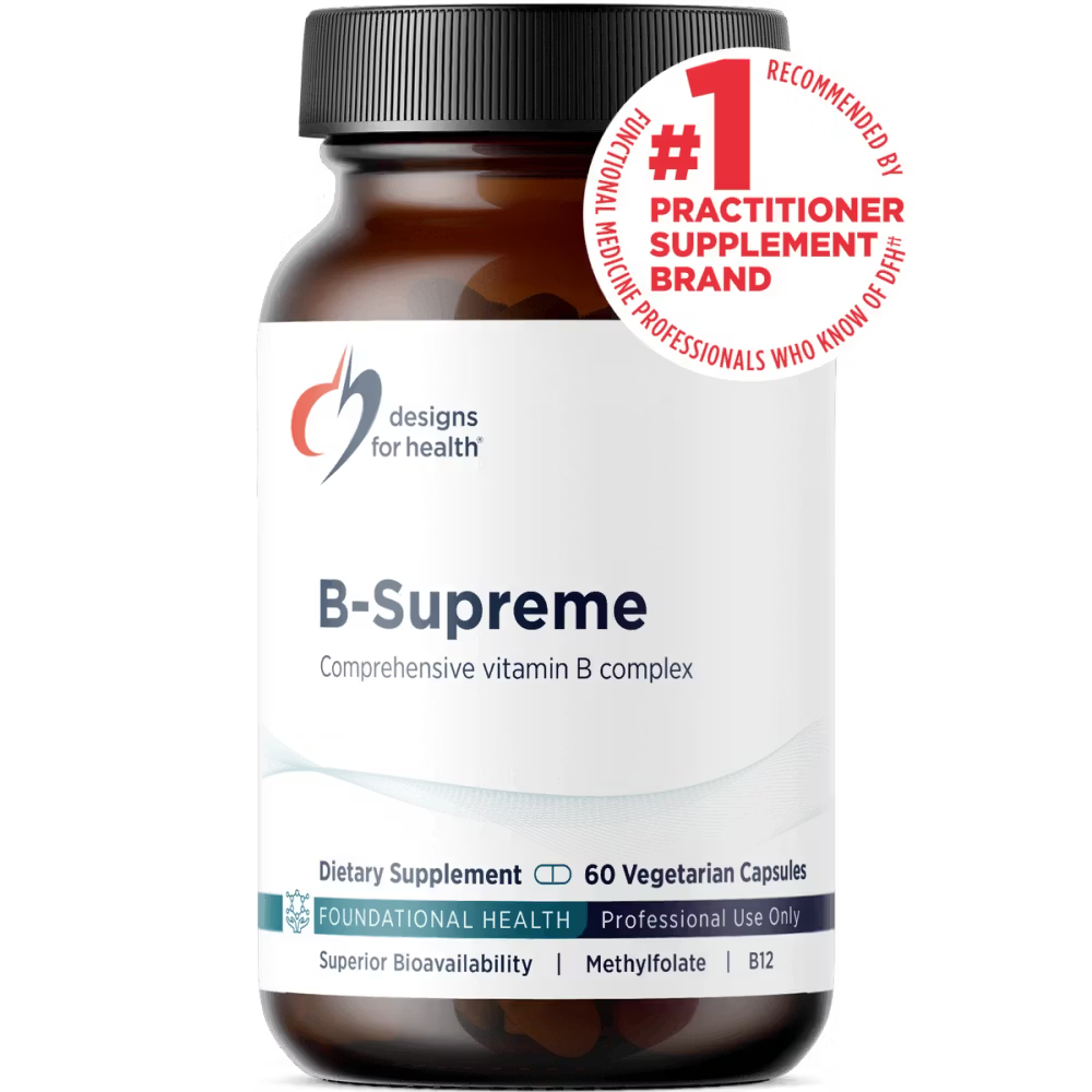 B-Supreme vitamin B complex supplement bottle with 'Designs for Health' branding on a white background