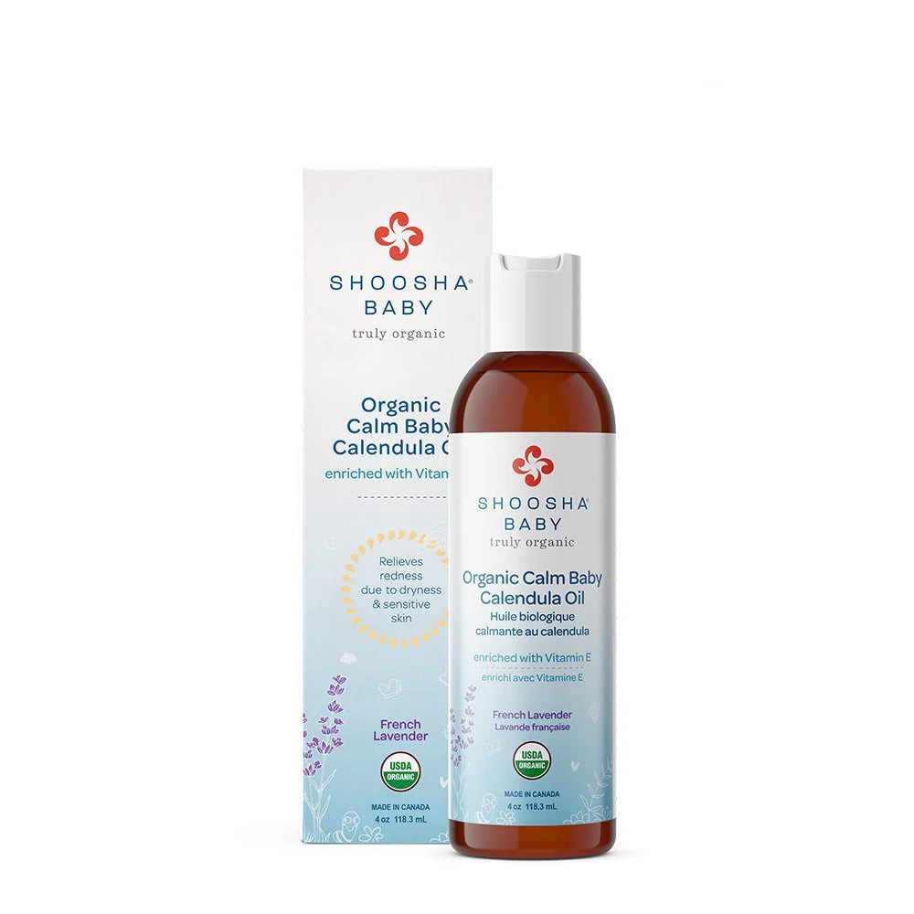 Shoosha Baby Organic Calm Baby Calendula Oil with packaging on a white background