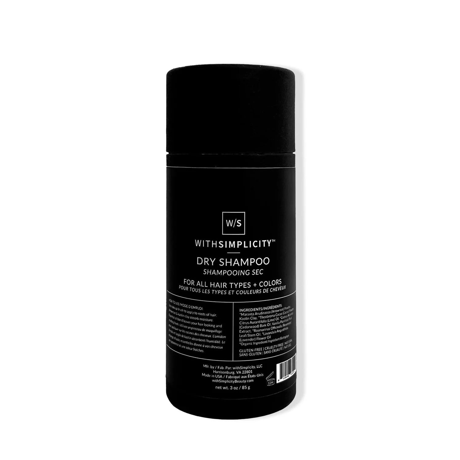 Black dry shampoo canister with text on a white background