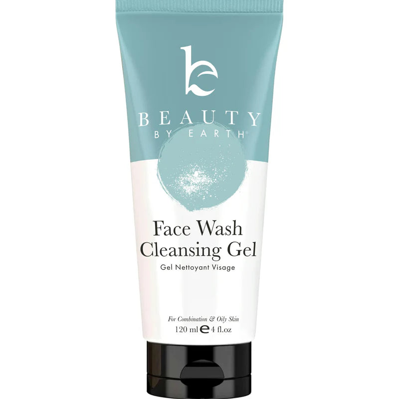 A tube of Beauty by Earth Face Wash Cleansing Gel with a blue and white color scheme.