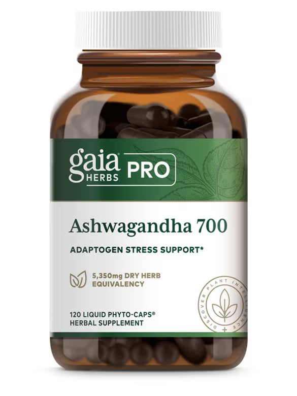 Gaia Herbs Pro Ashwagandha 700 supplement bottle on a white background