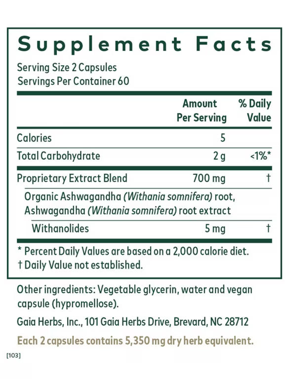Supplement facts label for a product containing Ashwagandha extract from Gaia Herbs.