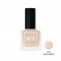 Nail polish bottle with black cap and beige color swatch on a white background