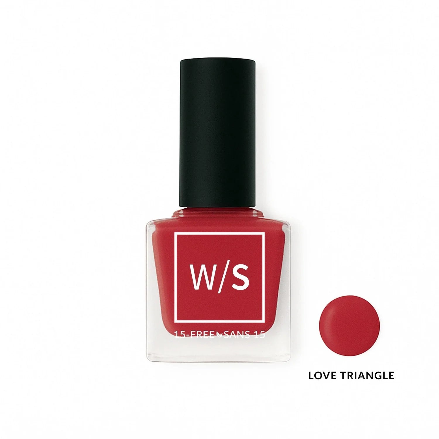 Red nail polish bottle with black cap on a white background